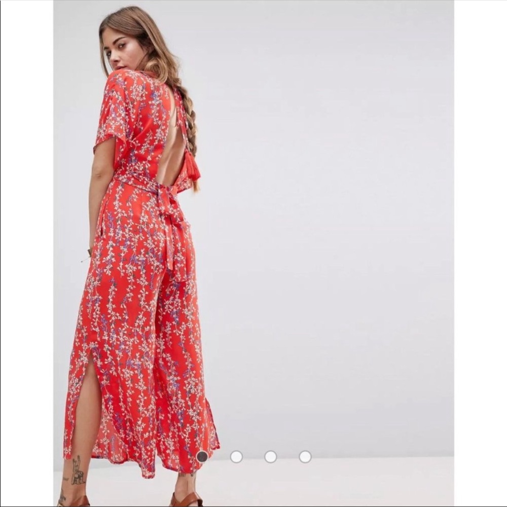 ASOS Moon River Red Floral Wrap Cropped Jumpsuit M